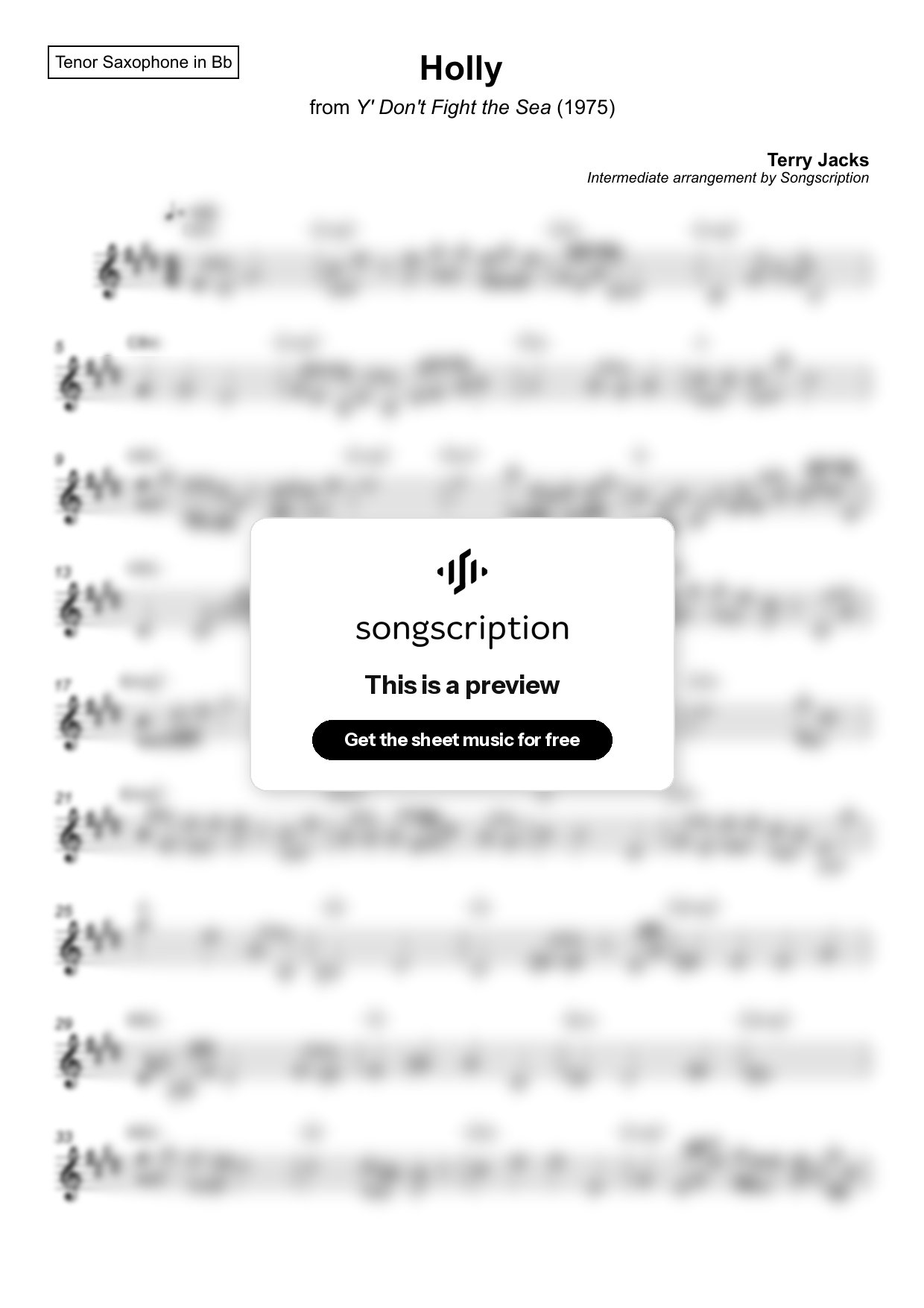 Intermediate Tenor Sax Sheet Music for "Holly" by Terry Jacks