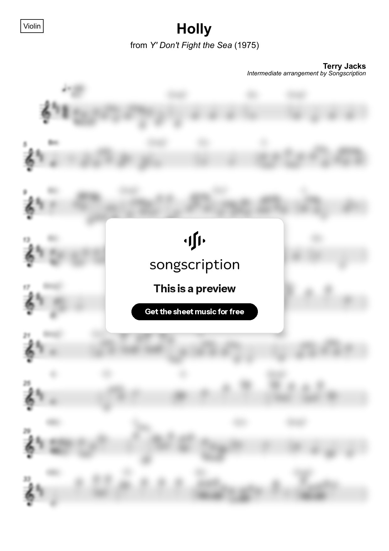 Intermediate Violin Sheet Music for "Holly" by Terry Jacks