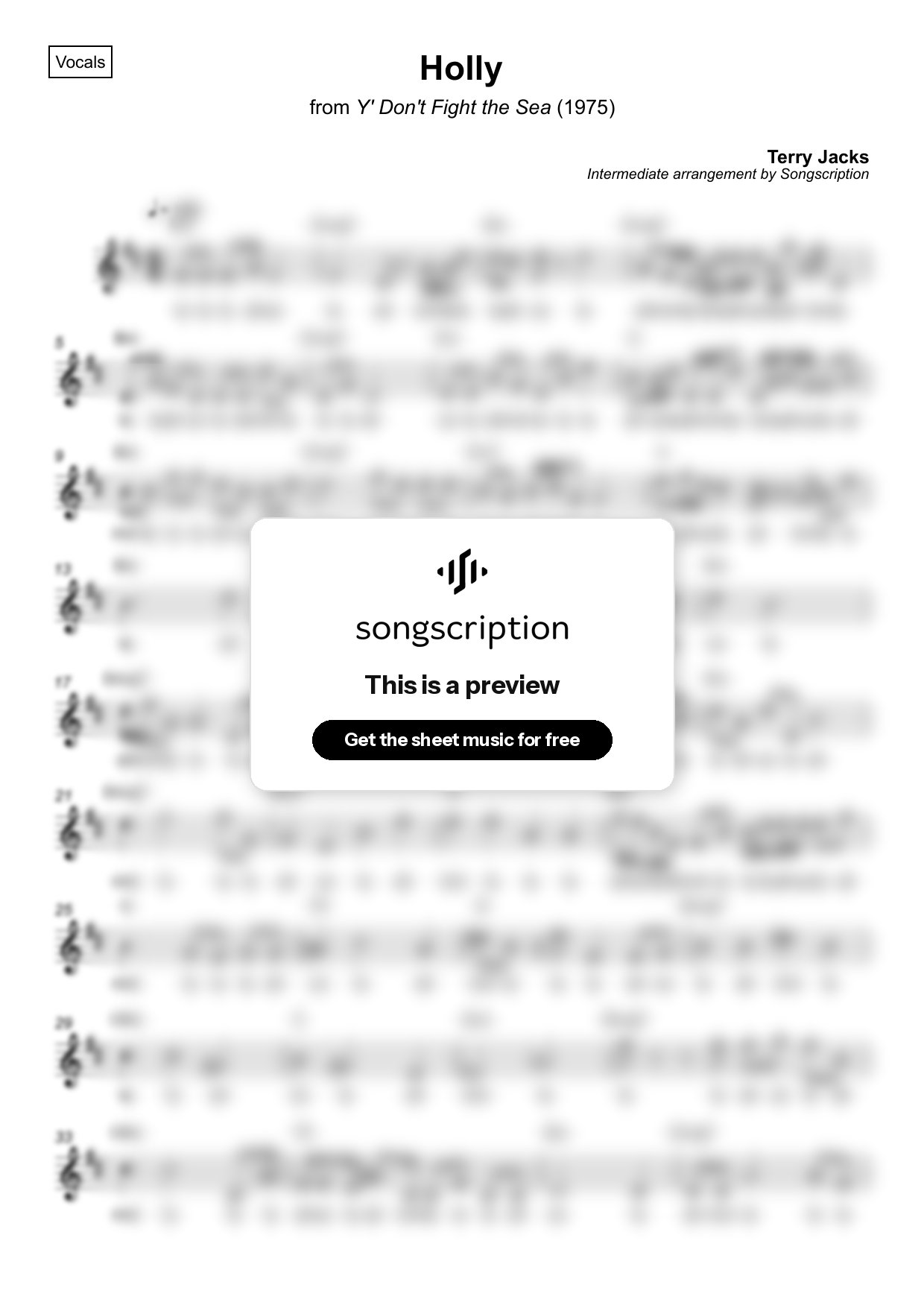 Intermediate Vocals Sheet Music for "Holly" by Terry Jacks