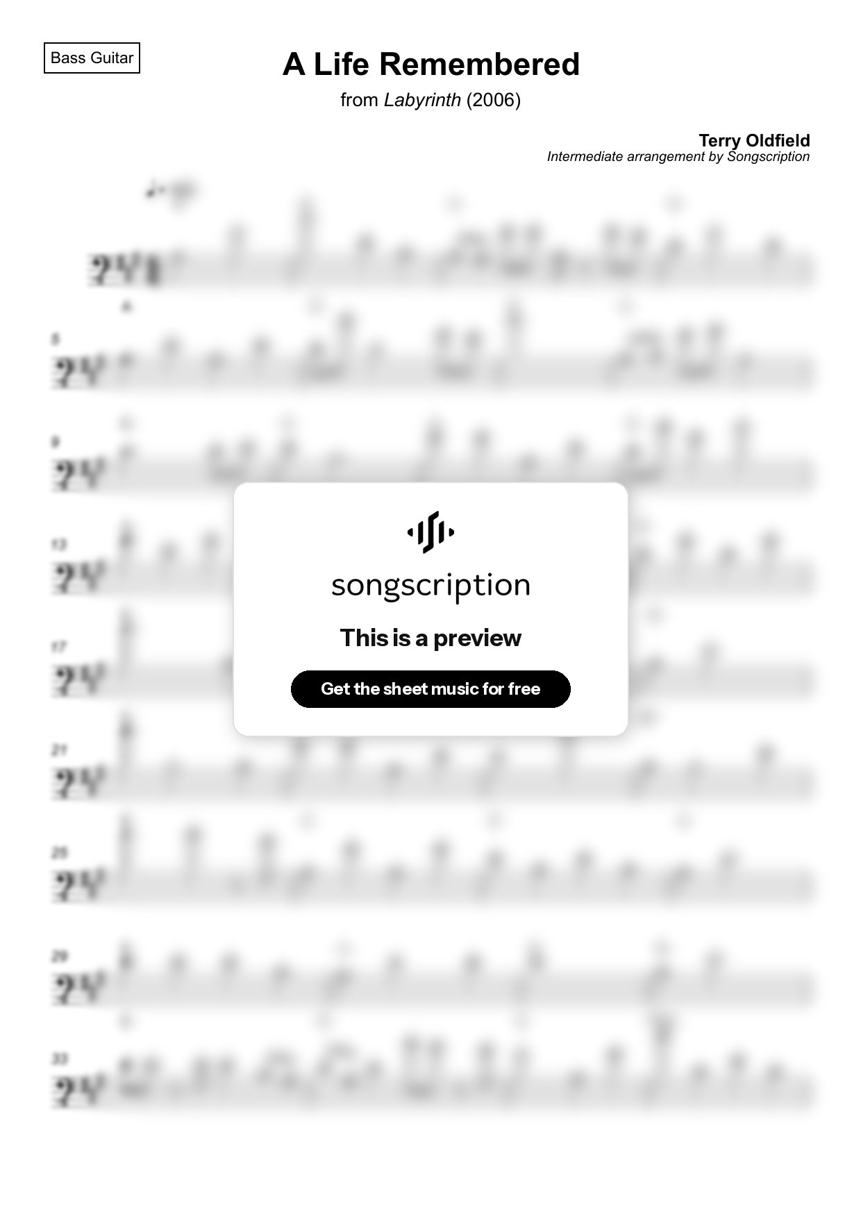 Intermediate Bass Guitar Sheet Music for "A Life Remembered" by Terry Oldfield
