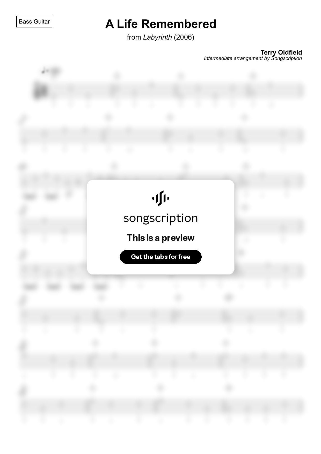 Intermediate Bass Guitar Tabs for "A Life Remembered" by Terry Oldfield