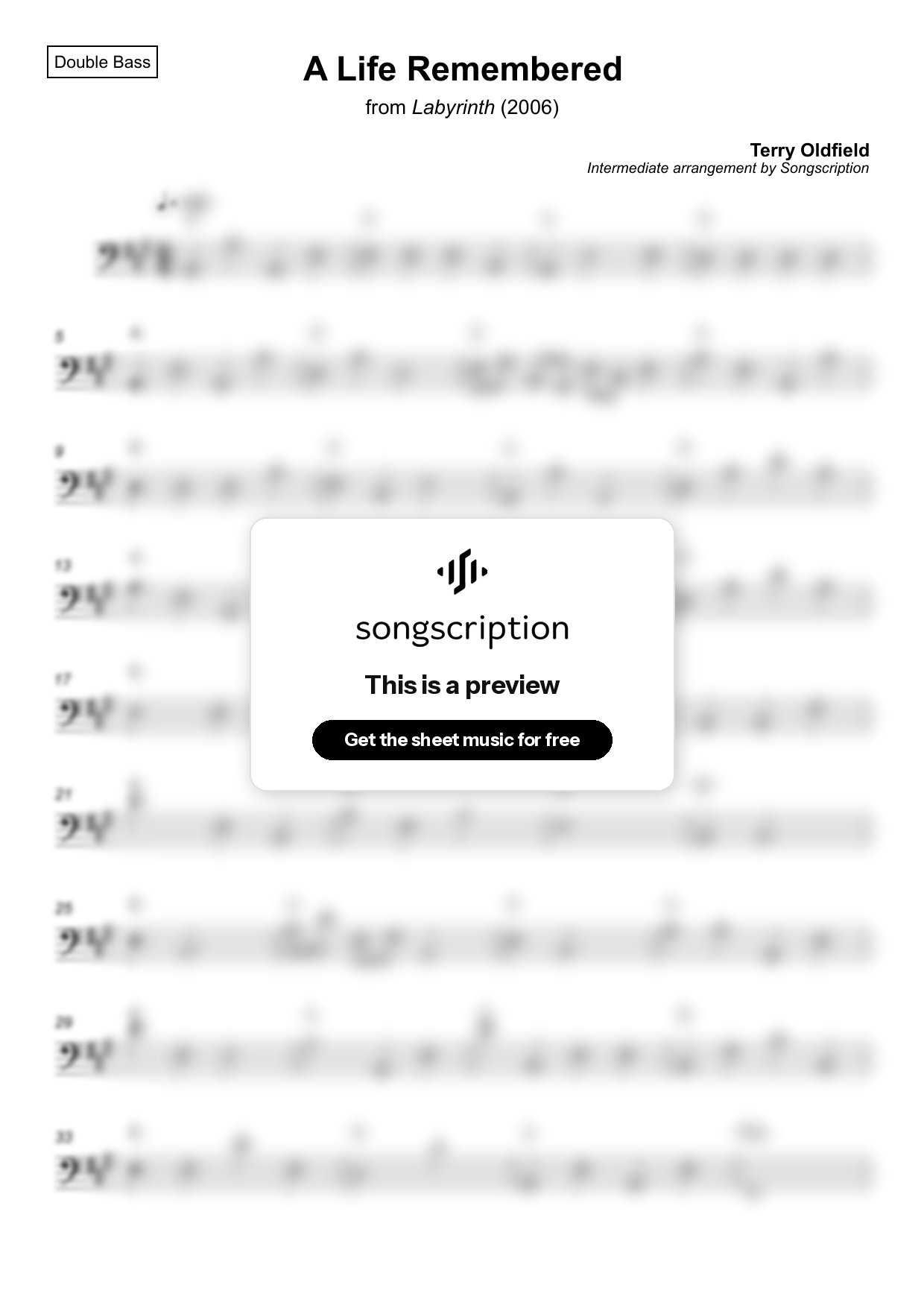 Intermediate Double Bass Sheet Music for "A Life Remembered" by Terry Oldfield