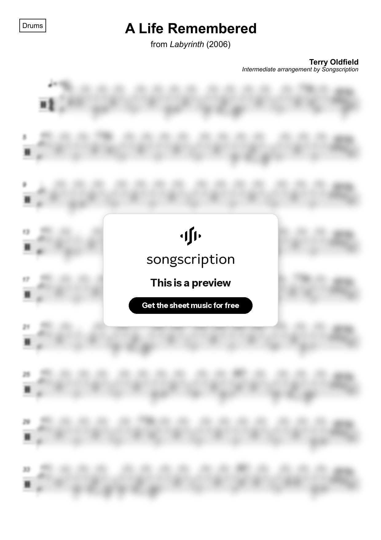 Intermediate Drums Sheet Music for "A Life Remembered" by Terry Oldfield