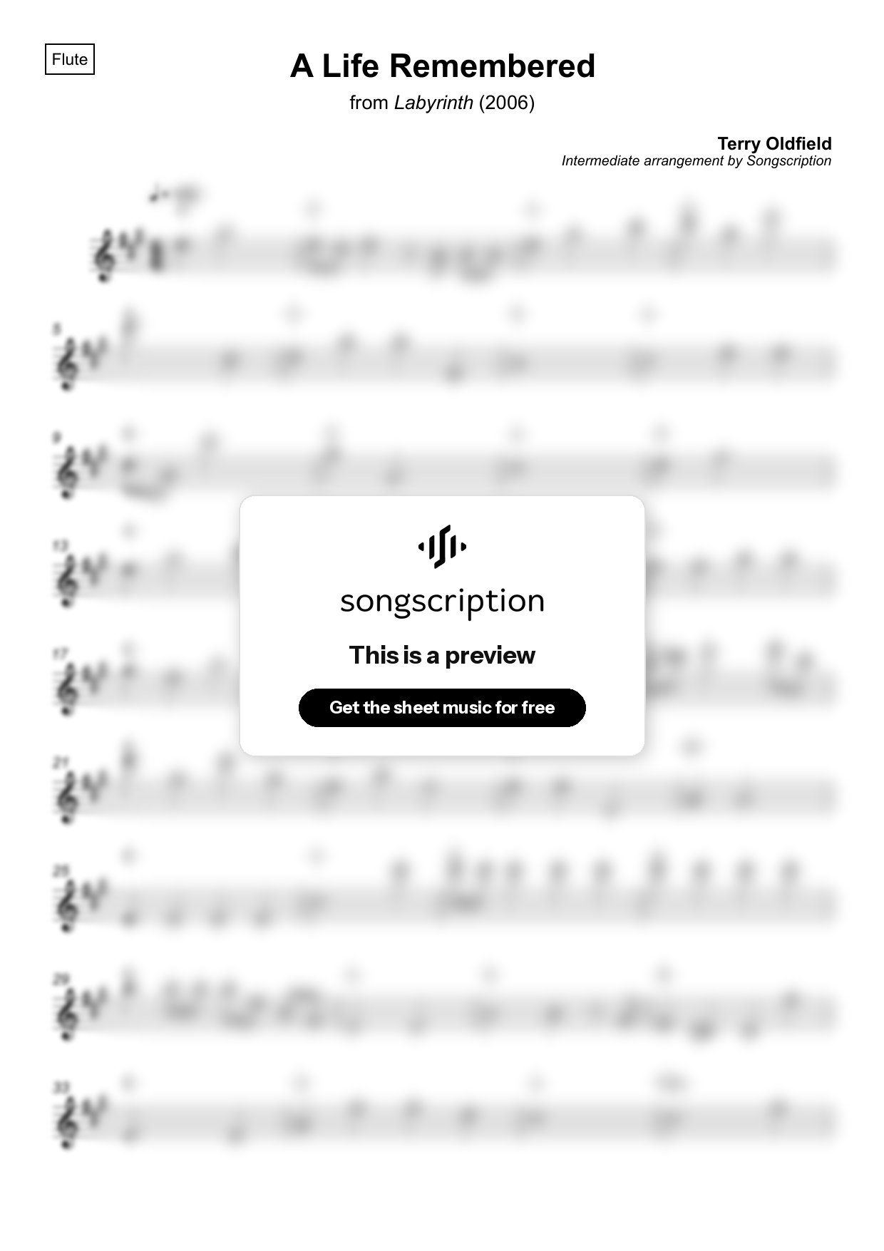 Intermediate Flute Sheet Music for "A Life Remembered" by Terry Oldfield