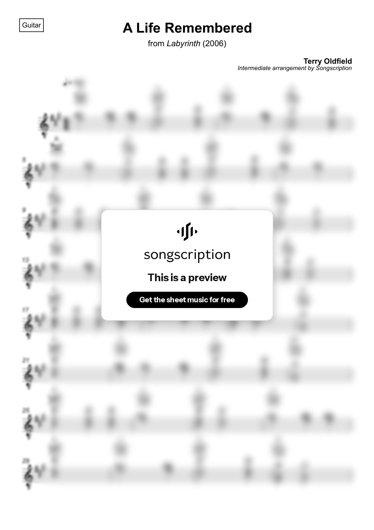 Intermediate Acoustic Guitar Sheet Music for "A Life Remembered" by Terry Oldfield
