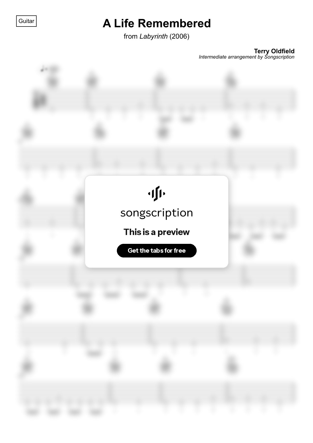 Intermediate Acoustic Guitar Tabs for "A Life Remembered" by Terry Oldfield