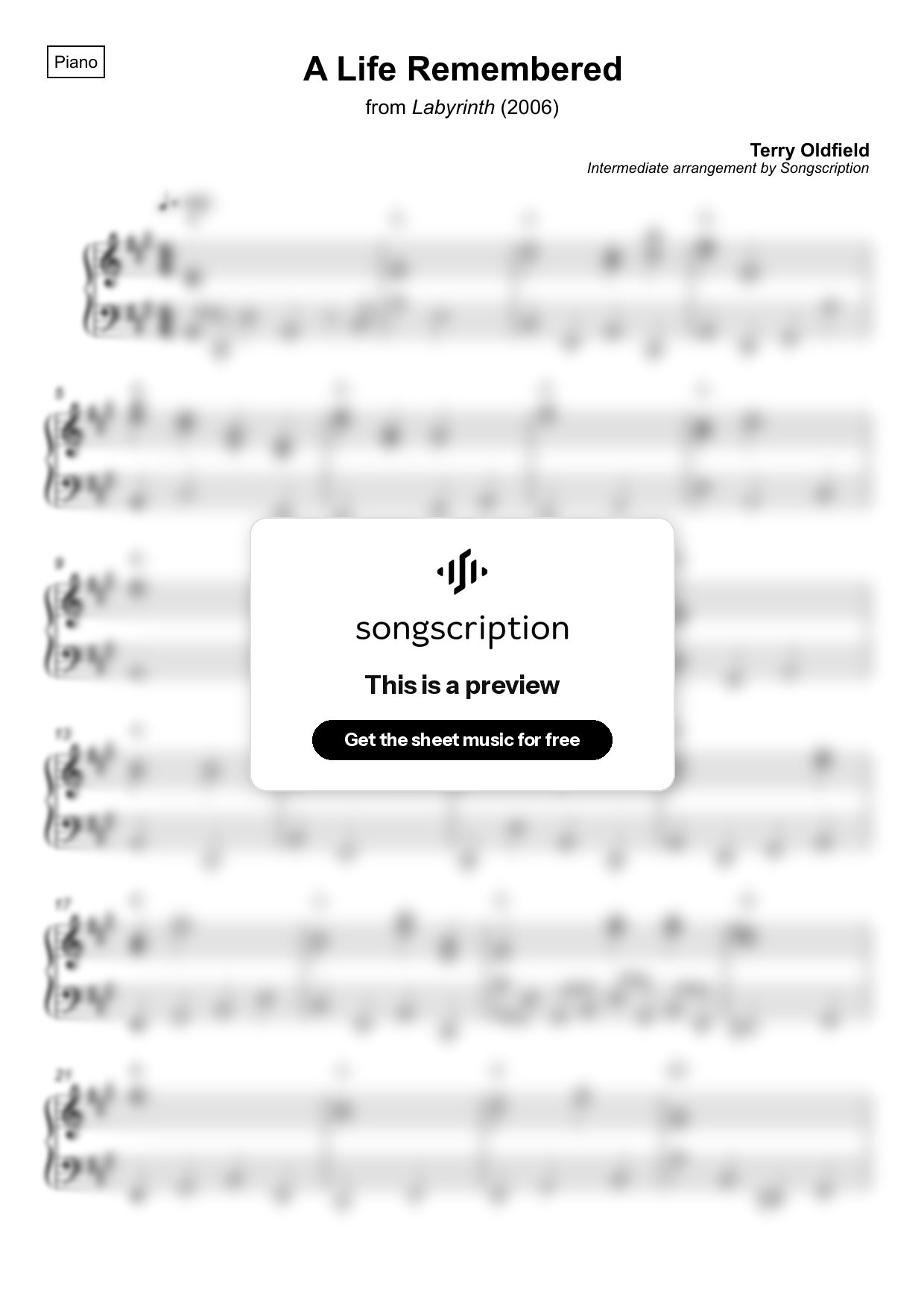 Intermediate Piano Sheet Music for "A Life Remembered" by Terry Oldfield