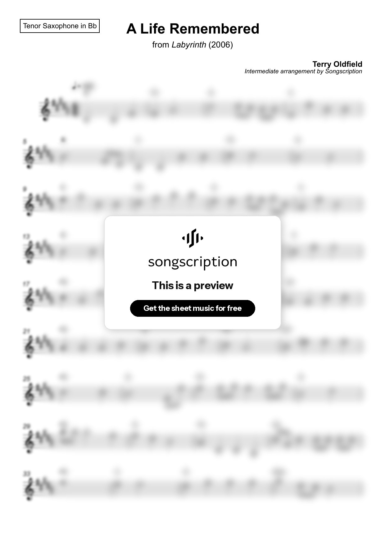 Intermediate Tenor Sax Sheet Music for "A Life Remembered" by Terry Oldfield