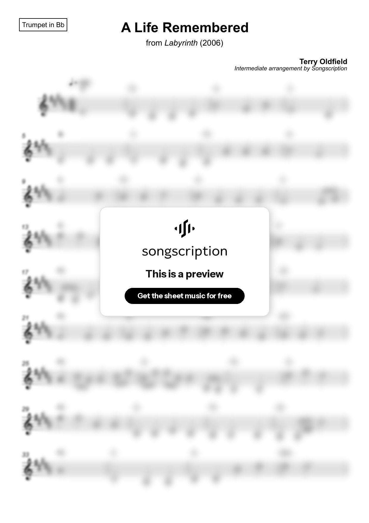 Intermediate Trumpet Sheet Music for "A Life Remembered" by Terry Oldfield