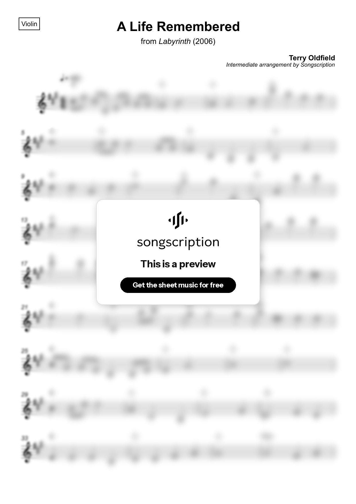 Intermediate Violin Sheet Music for "A Life Remembered" by Terry Oldfield