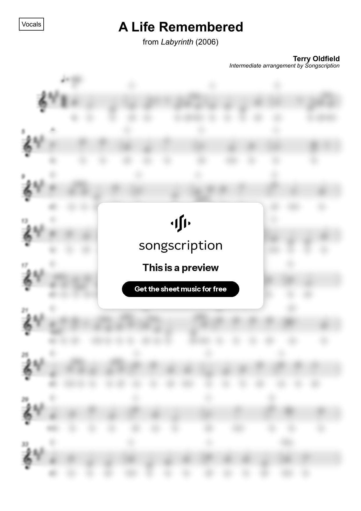 Intermediate Vocals Sheet Music for "A Life Remembered" by Terry Oldfield