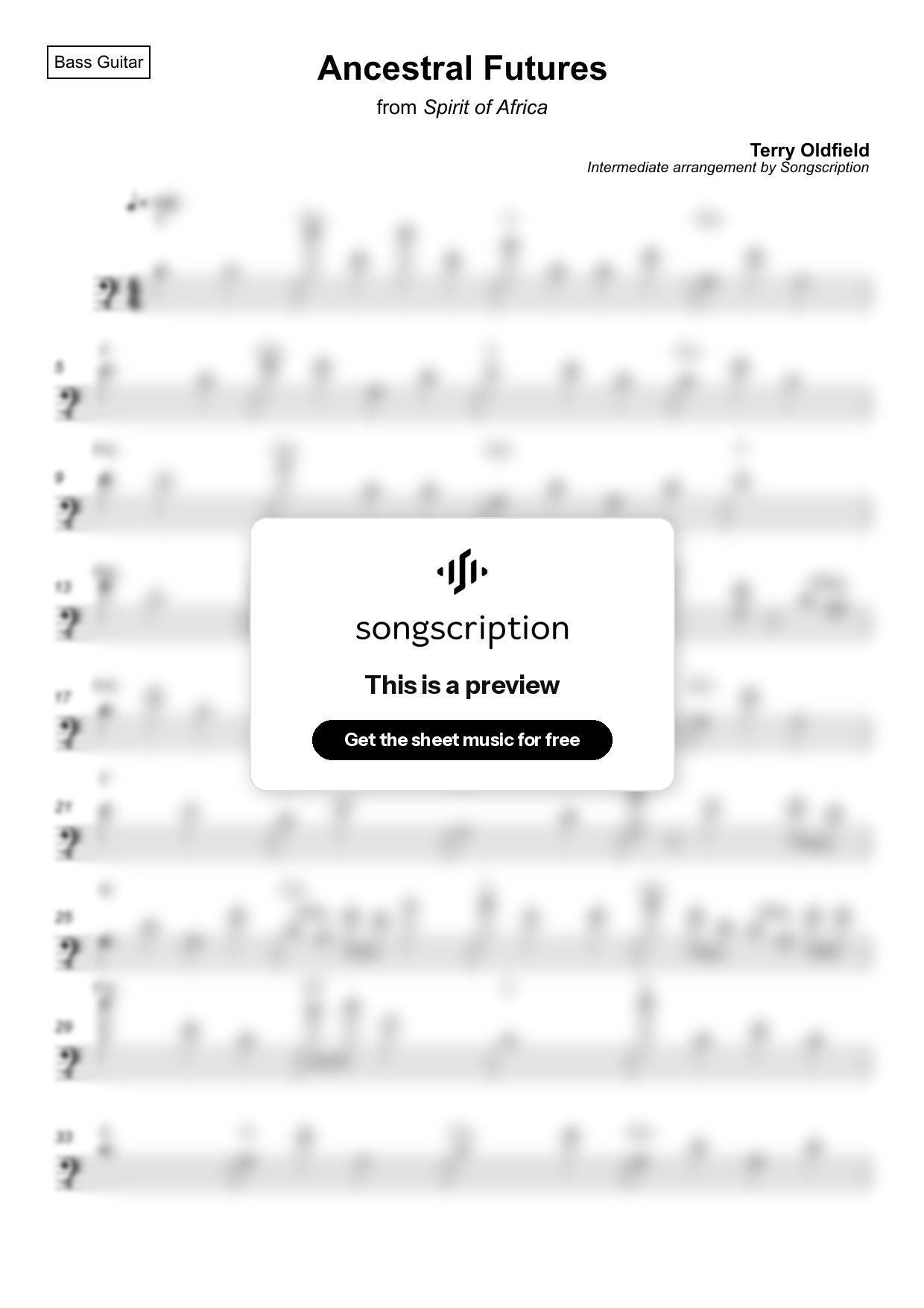 Intermediate Bass Guitar Sheet Music for "Ancestral Futures" by Terry Oldfield