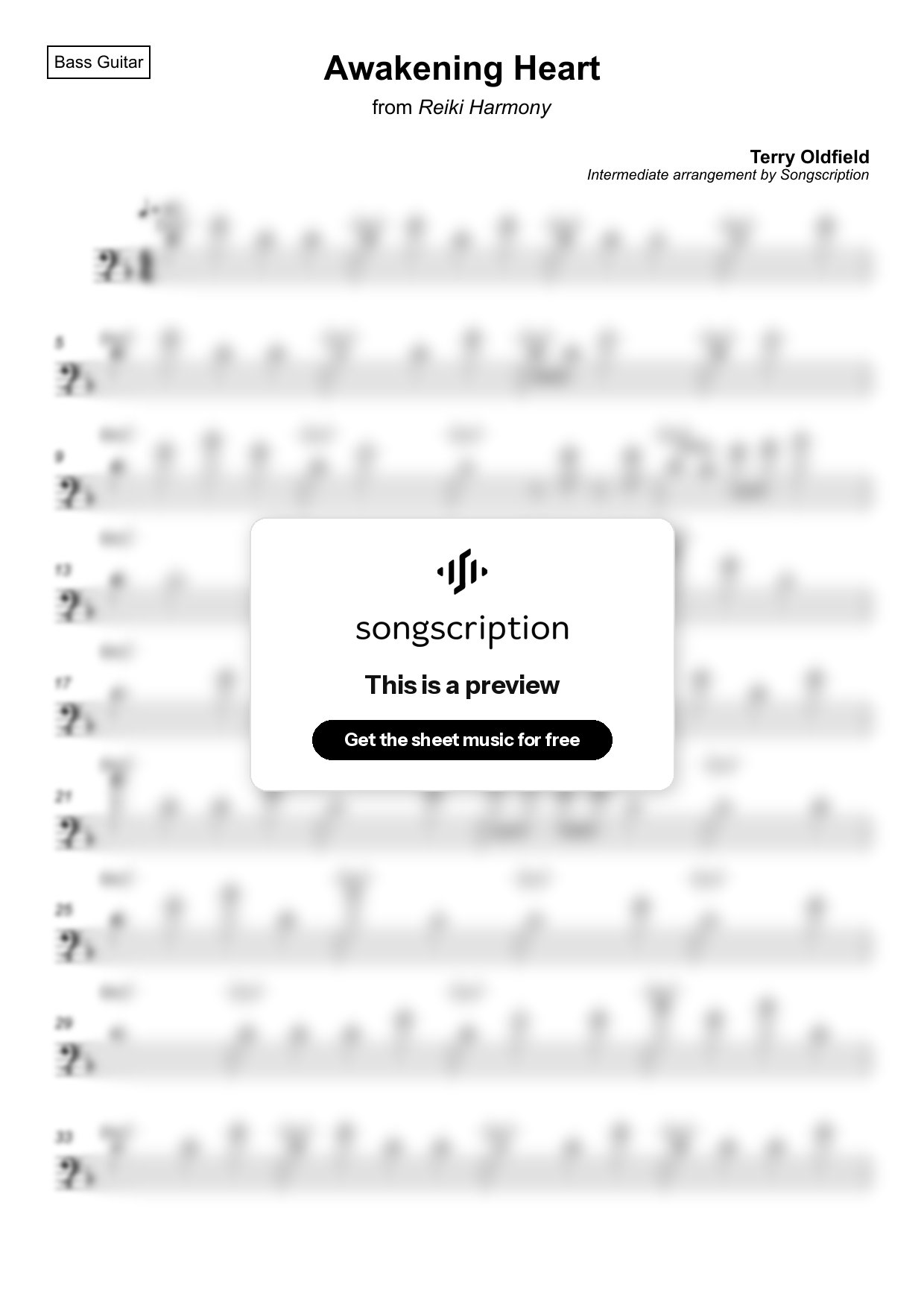 Intermediate Bass Guitar Sheet Music for "Awakening Heart" by Terry Oldfield