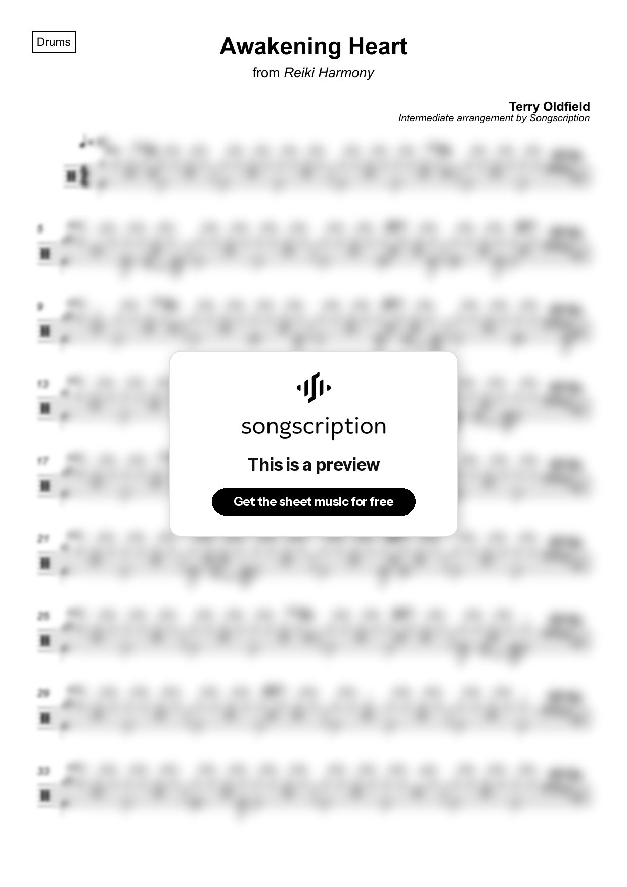 Intermediate Drums Sheet Music for "Awakening Heart" by Terry Oldfield