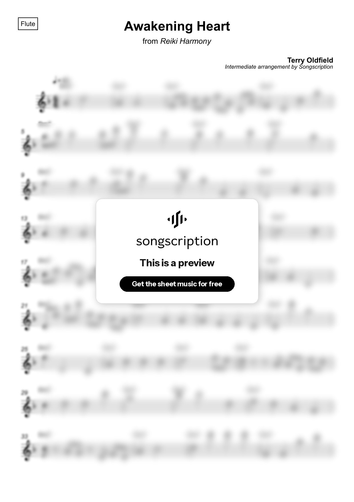 Intermediate Flute Sheet Music for "Awakening Heart" by Terry Oldfield