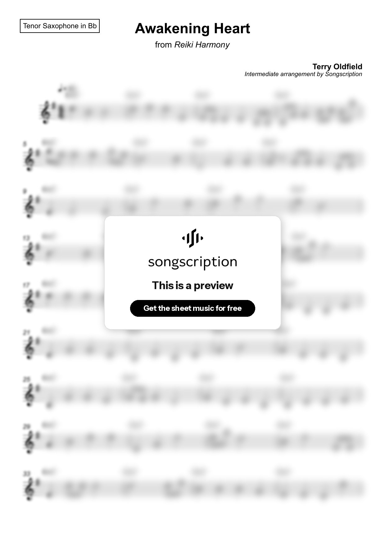 Intermediate Tenor Sax Sheet Music for "Awakening Heart" by Terry Oldfield