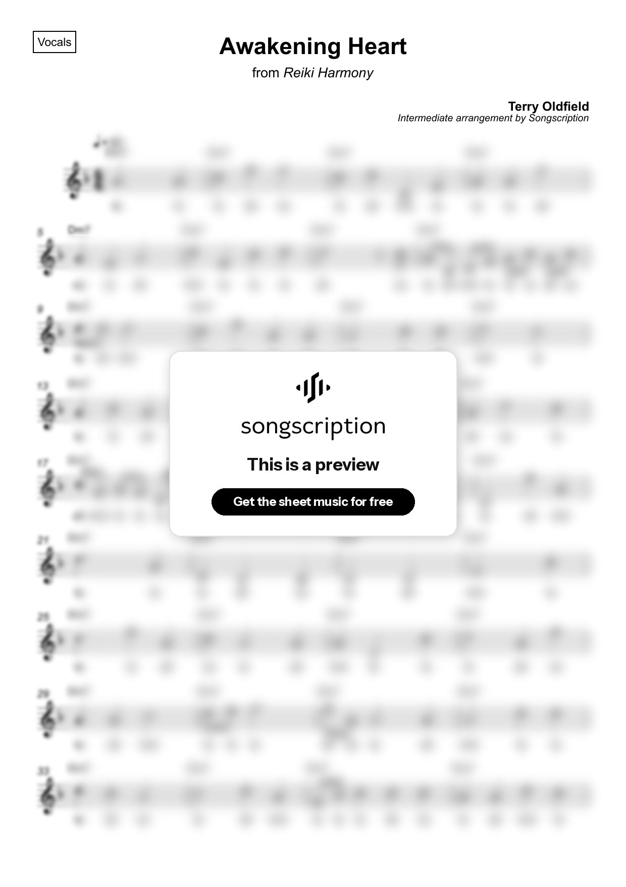 Intermediate Vocals Sheet Music for "Awakening Heart" by Terry Oldfield