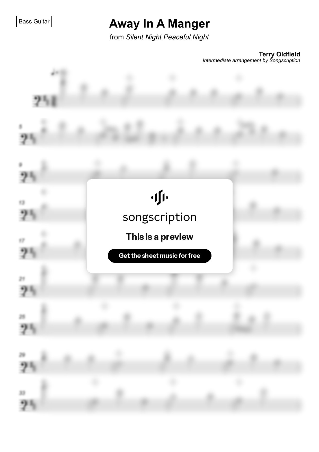 Intermediate Bass Guitar Sheet Music for "Away In A Manger" by Terry Oldfield