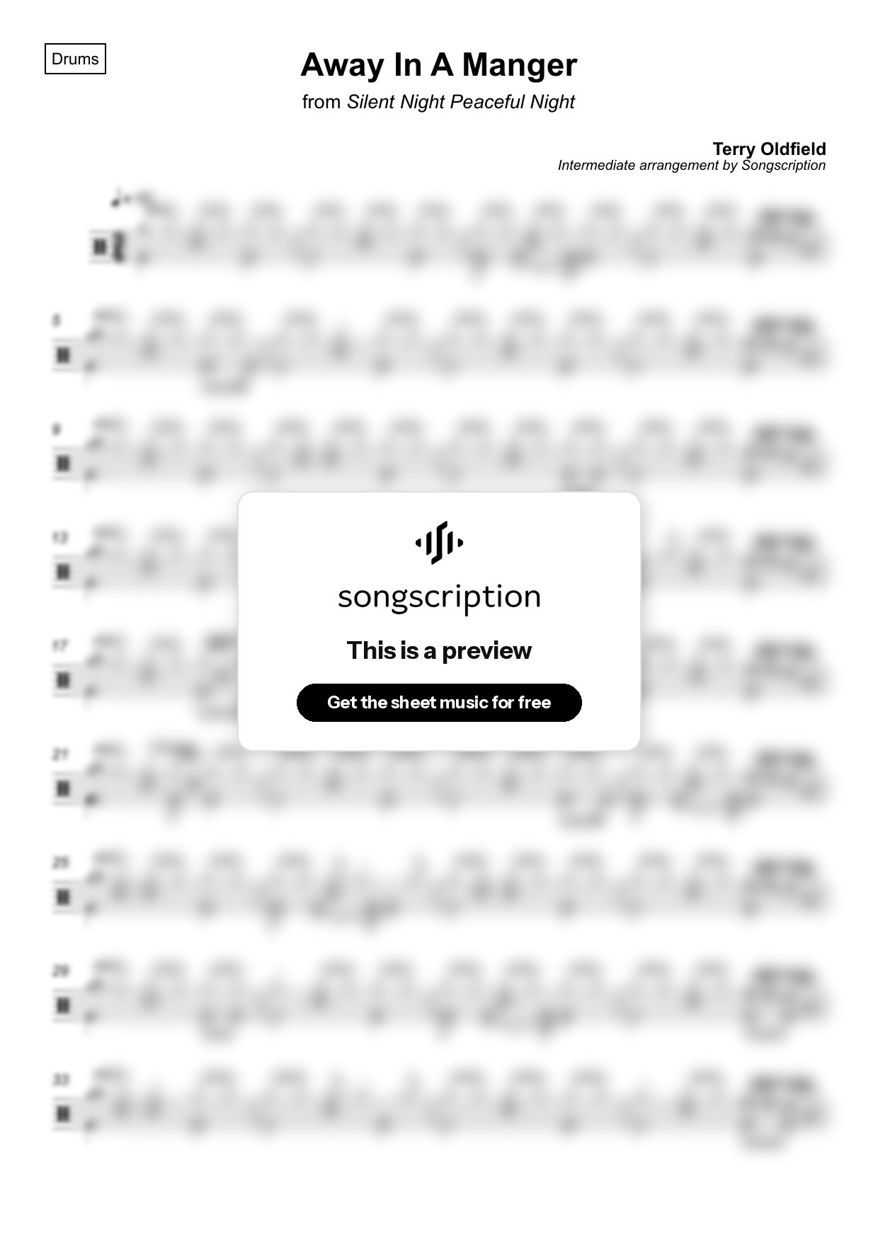 Intermediate Drums Sheet Music for "Away In A Manger" by Terry Oldfield