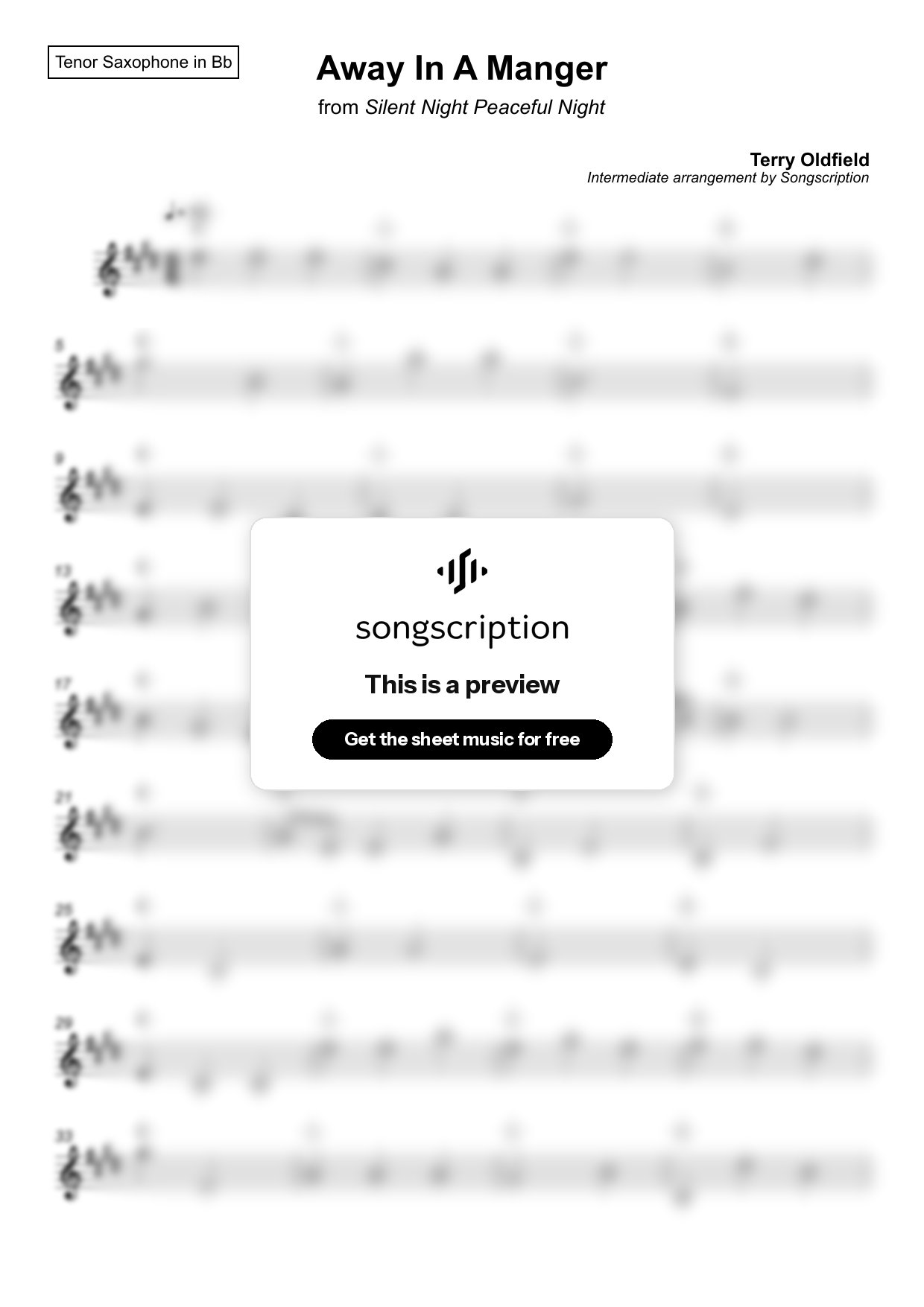 Intermediate Tenor Sax Sheet Music for "Away In A Manger" by Terry Oldfield