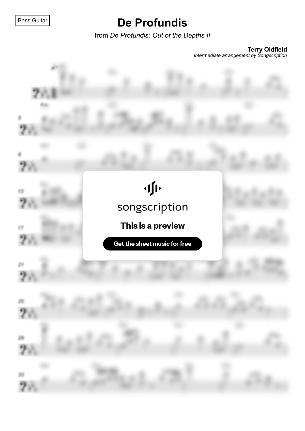 Intermediate Bass Guitar Sheet Music for "De Profundis" by Terry Oldfield