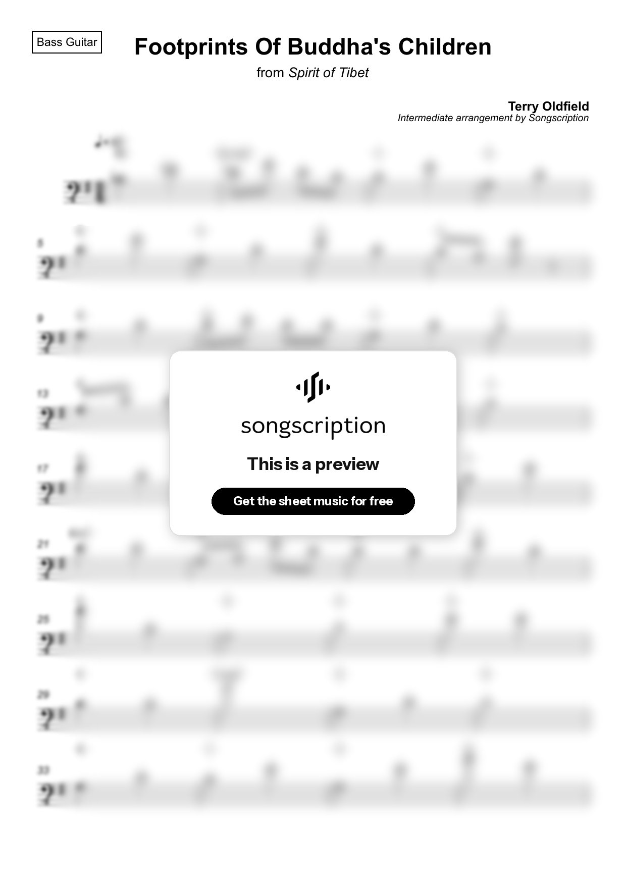 Intermediate Bass Guitar Sheet Music for "Footprints Of Buddha's Children" by Terry Oldfield