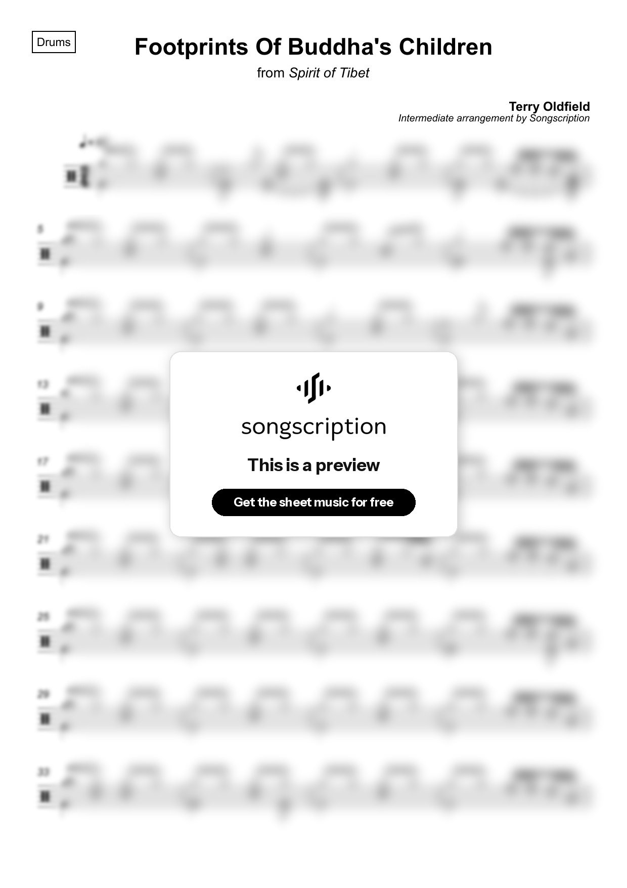 Intermediate Drums Sheet Music for "Footprints Of Buddha's Children" by Terry Oldfield