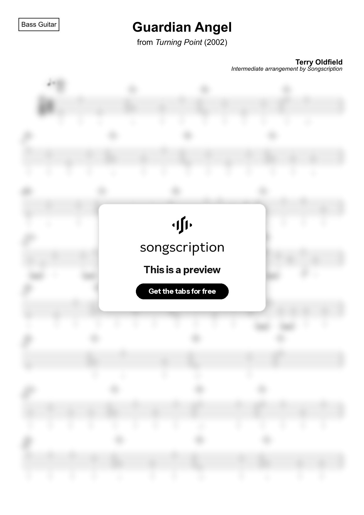 Intermediate Bass Guitar Tabs for "Guardian Angel" by Terry Oldfield
