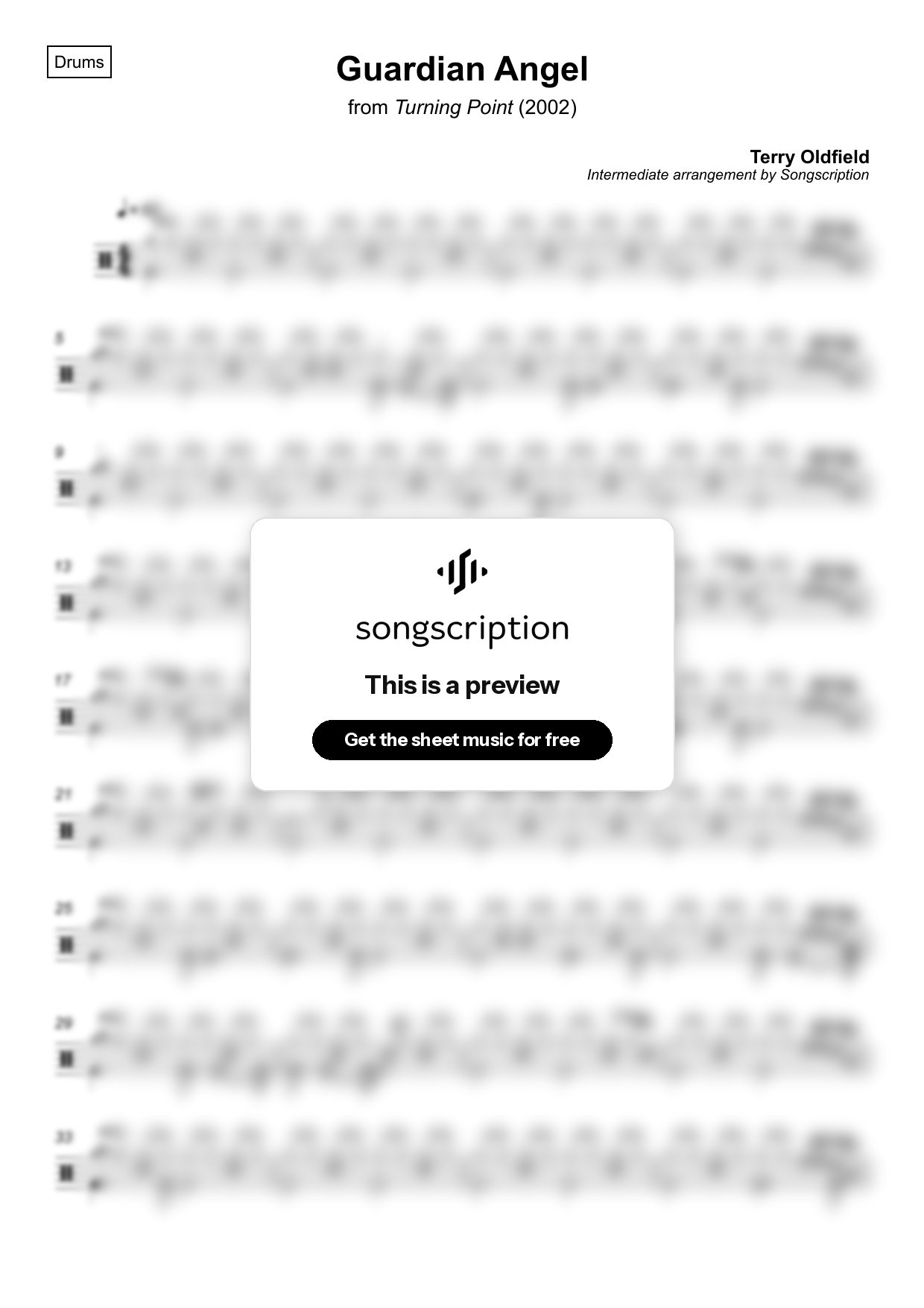 Intermediate Drums Sheet Music for "Guardian Angel" by Terry Oldfield