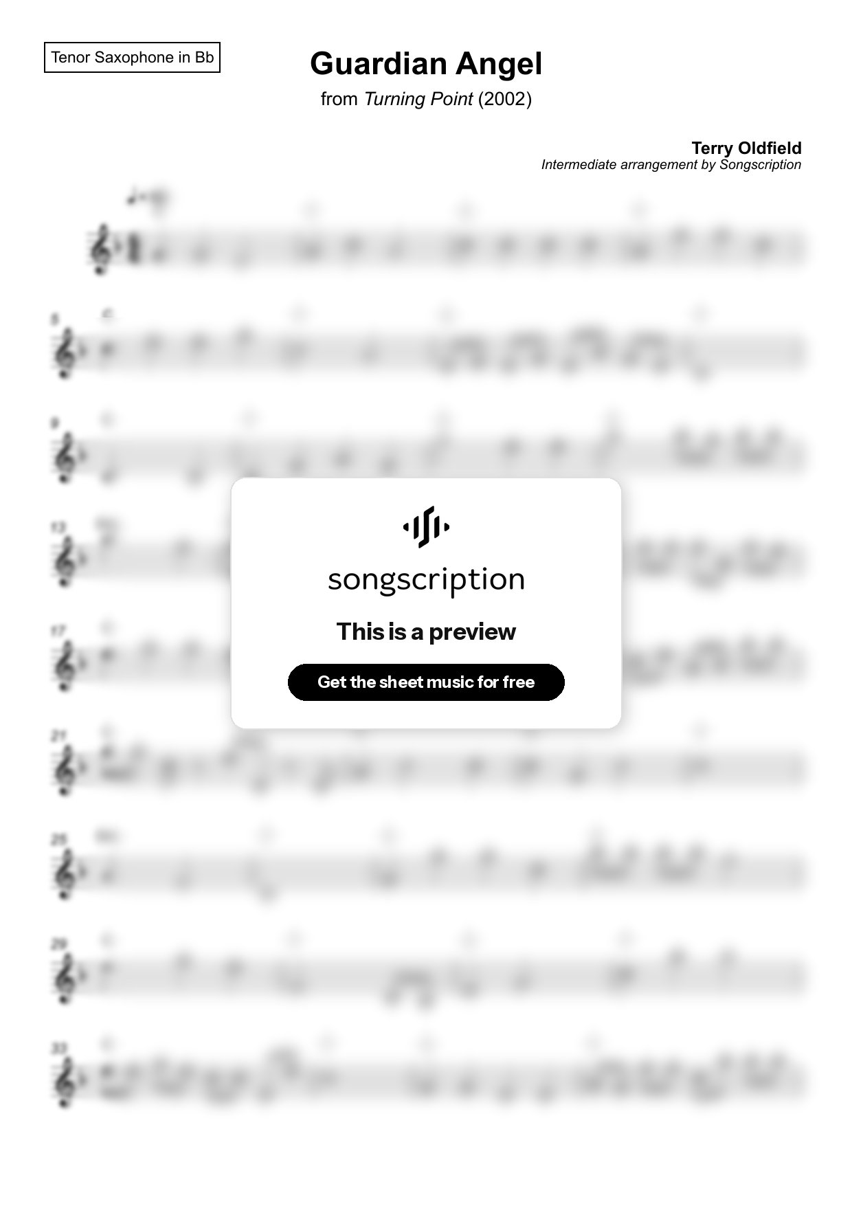 Intermediate Tenor Sax Sheet Music for "Guardian Angel" by Terry Oldfield