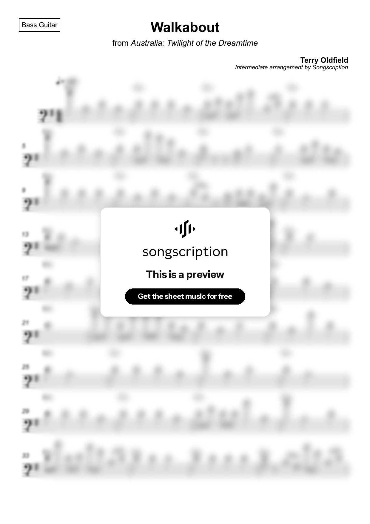 Intermediate Bass Guitar Sheet Music for "Walkabout" by Terry Oldfield