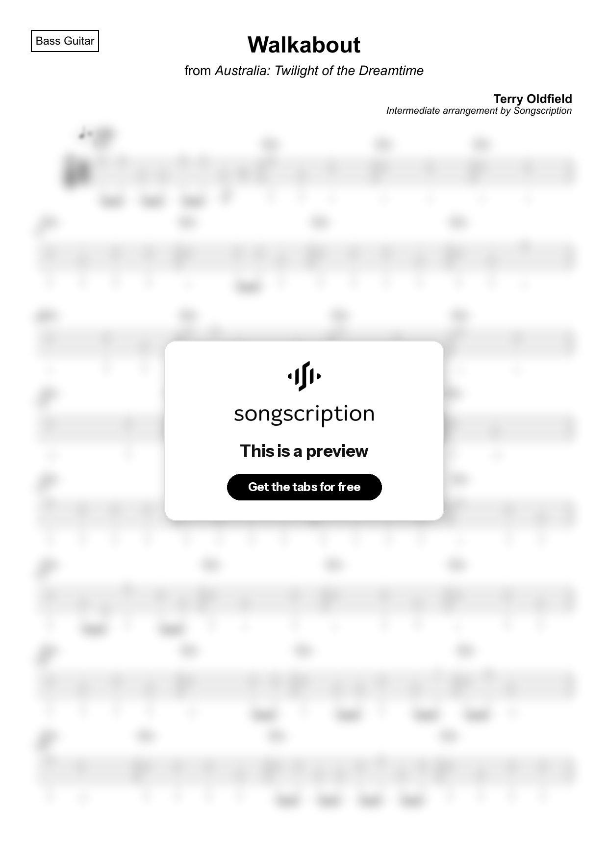 Intermediate Bass Guitar Tabs for "Walkabout" by Terry Oldfield