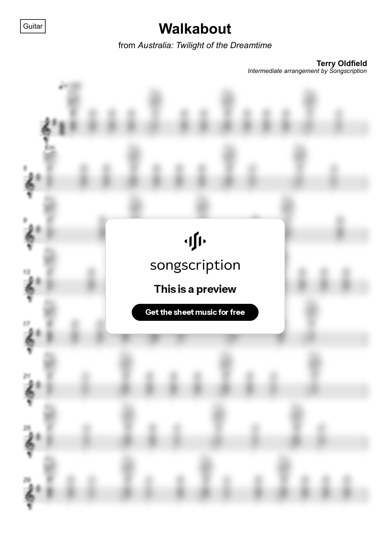 Intermediate Acoustic Guitar Sheet Music for "Walkabout" by Terry Oldfield