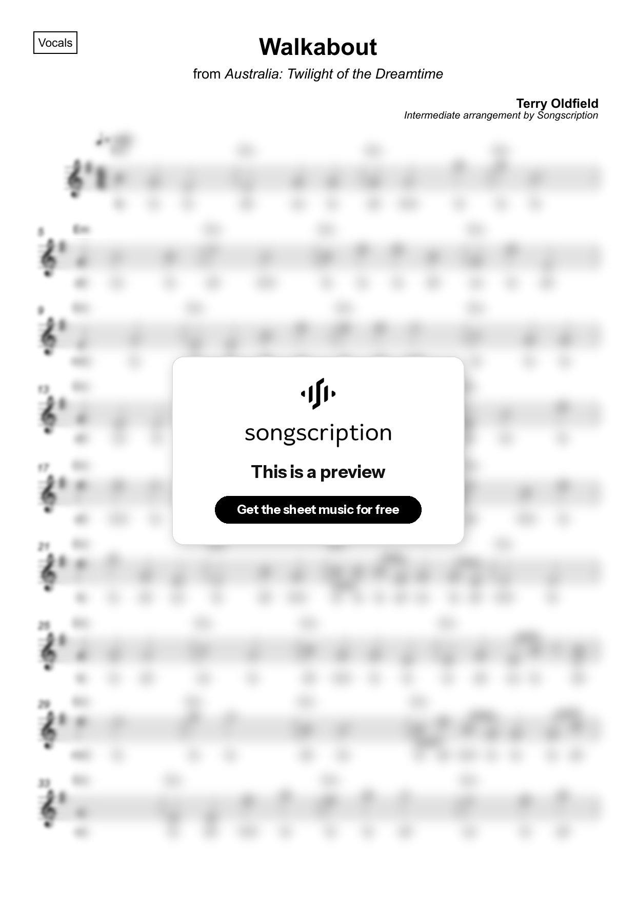 Intermediate Vocals Sheet Music for "Walkabout" by Terry Oldfield