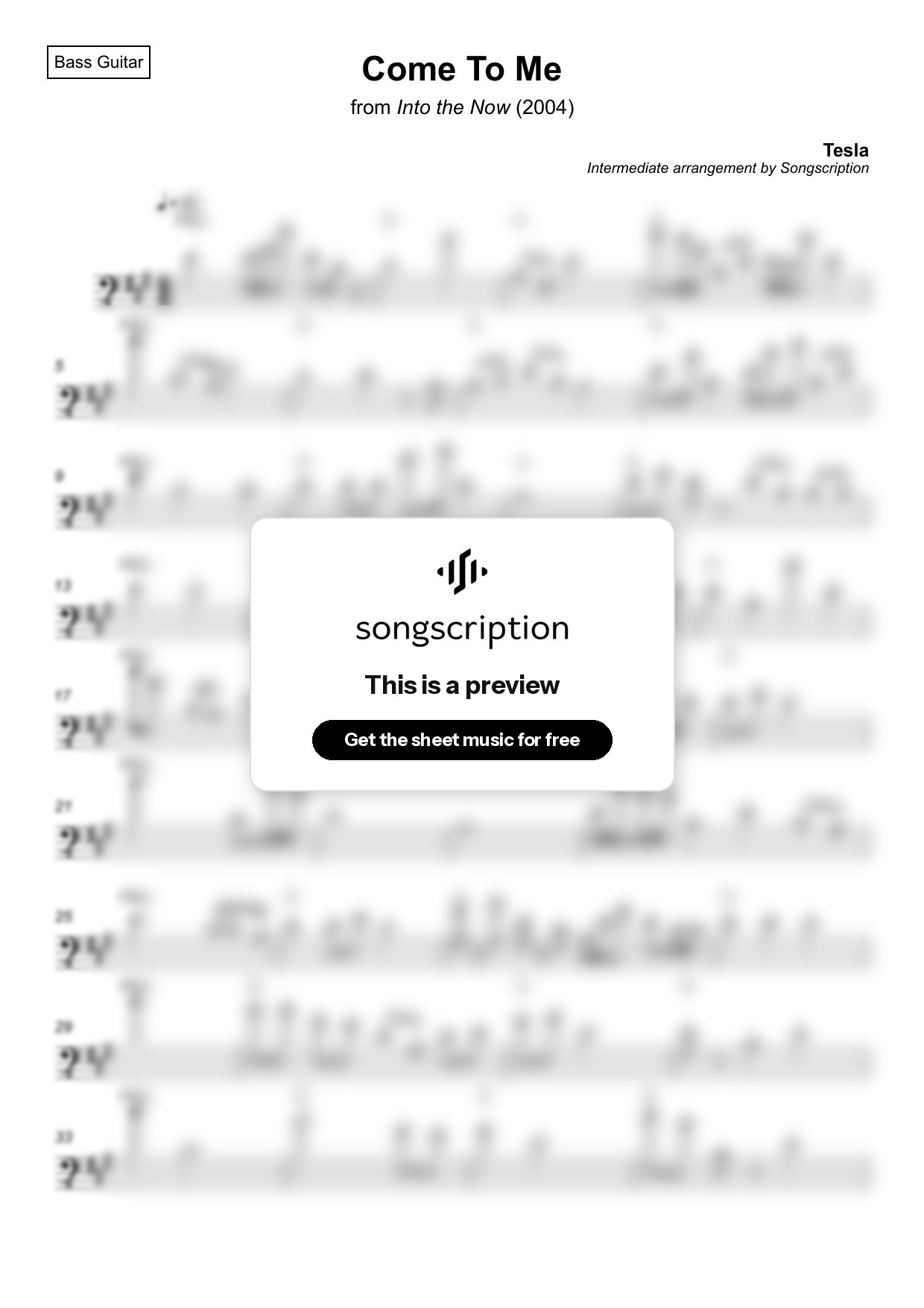 Intermediate Bass Guitar Sheet Music for "Come To Me" by Tesla