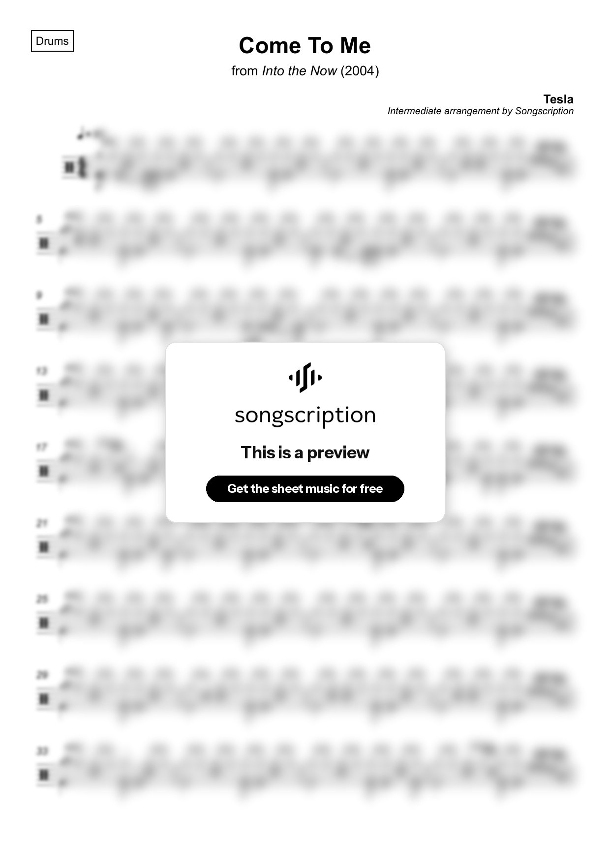 Intermediate Drums Sheet Music for "Come To Me" by Tesla