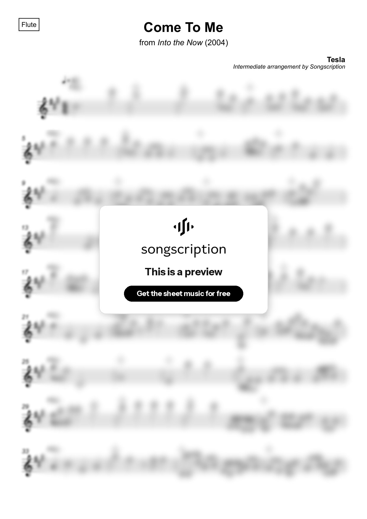 Intermediate Flute Sheet Music for "Come To Me" by Tesla