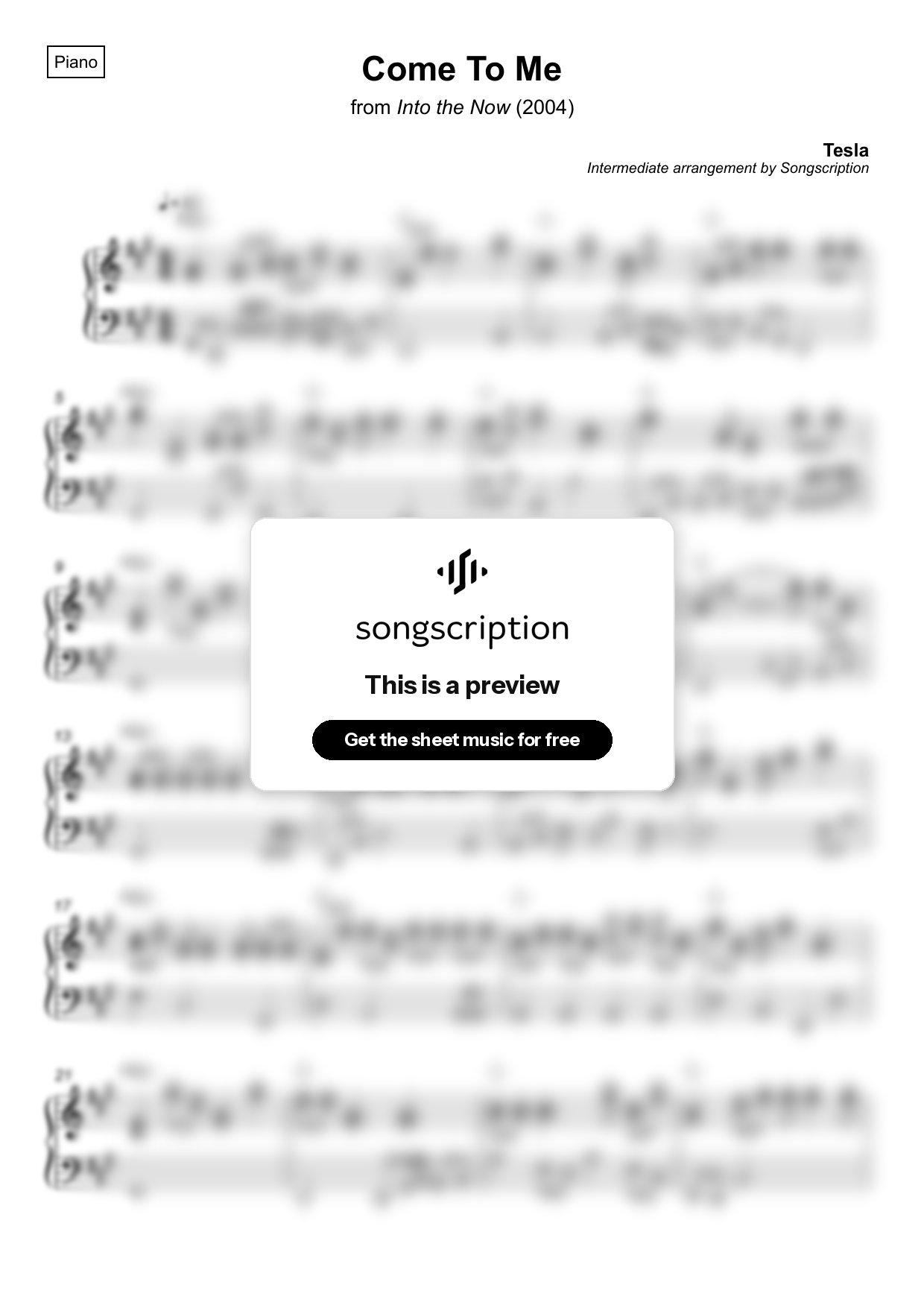 Intermediate Piano Sheet Music for "Come To Me" by Tesla