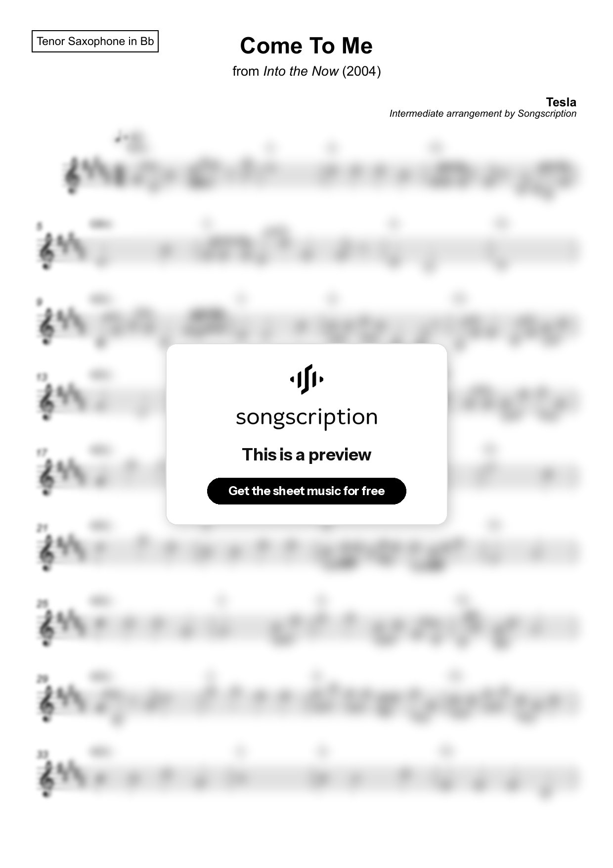 Intermediate Tenor Sax Sheet Music for "Come To Me" by Tesla