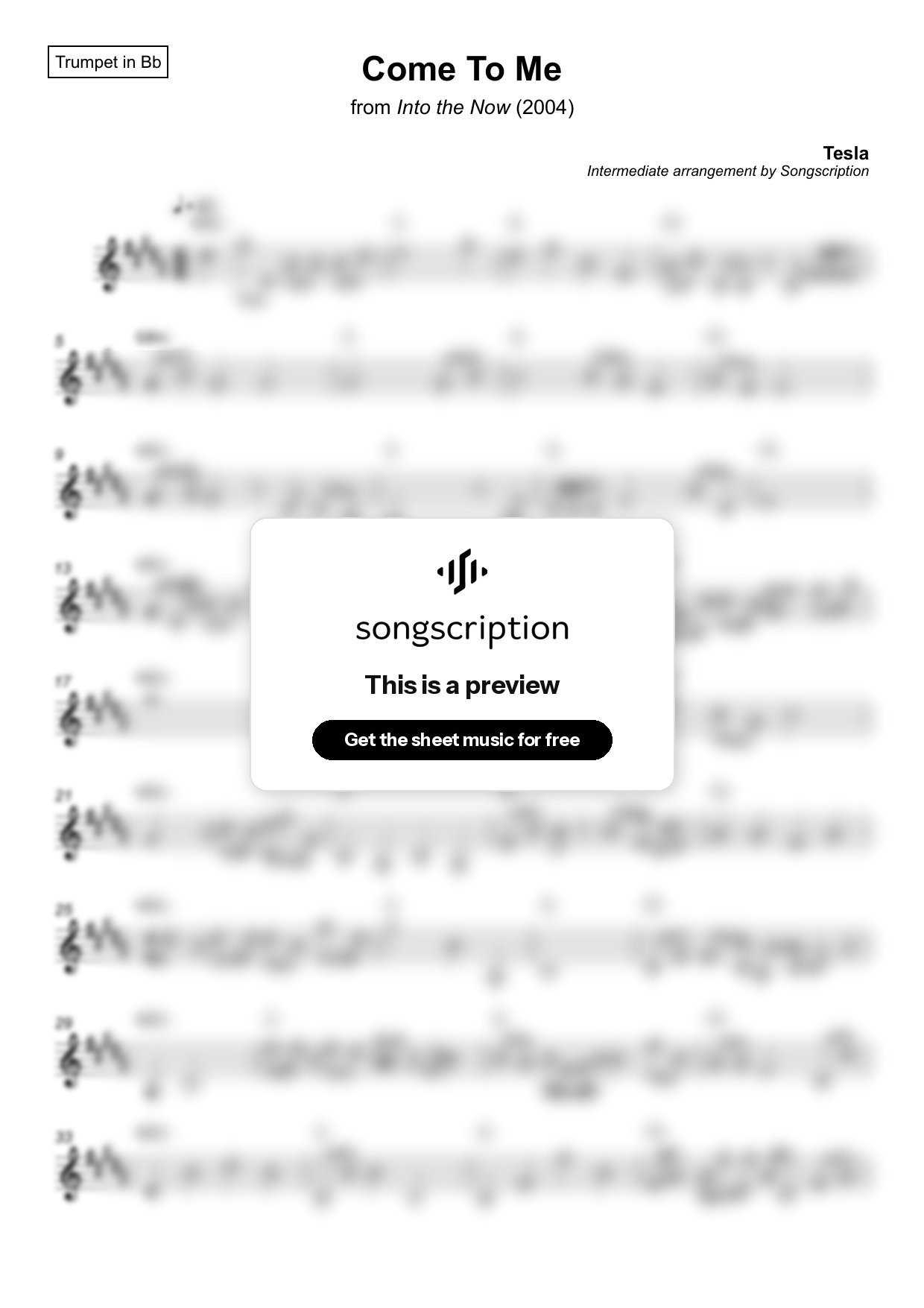 Intermediate Trumpet Sheet Music for "Come To Me" by Tesla