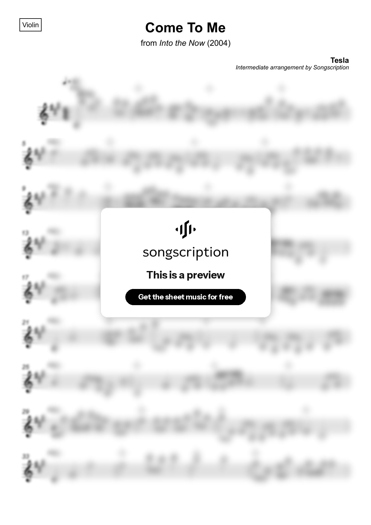 Intermediate Violin Sheet Music for "Come To Me" by Tesla