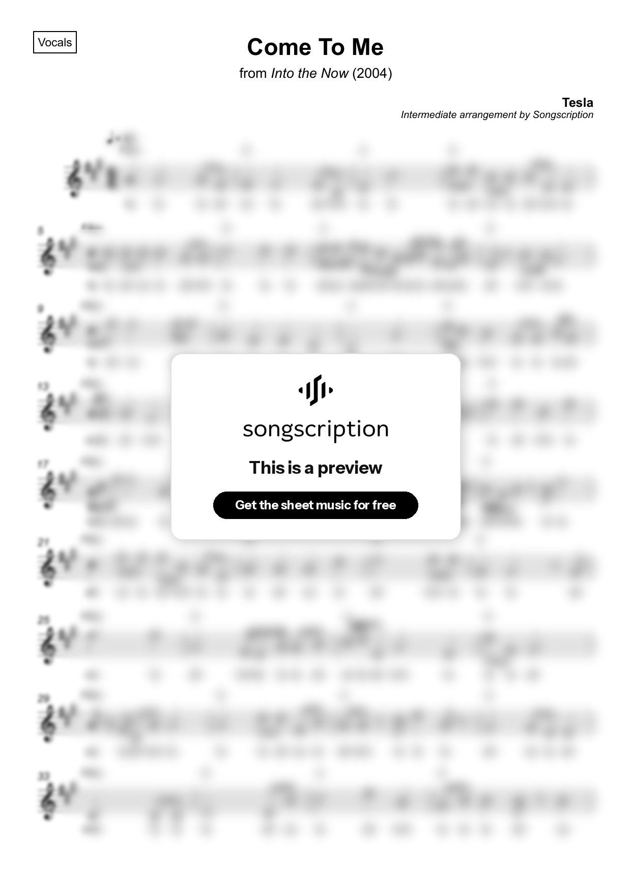 Intermediate Vocals Sheet Music for "Come To Me" by Tesla