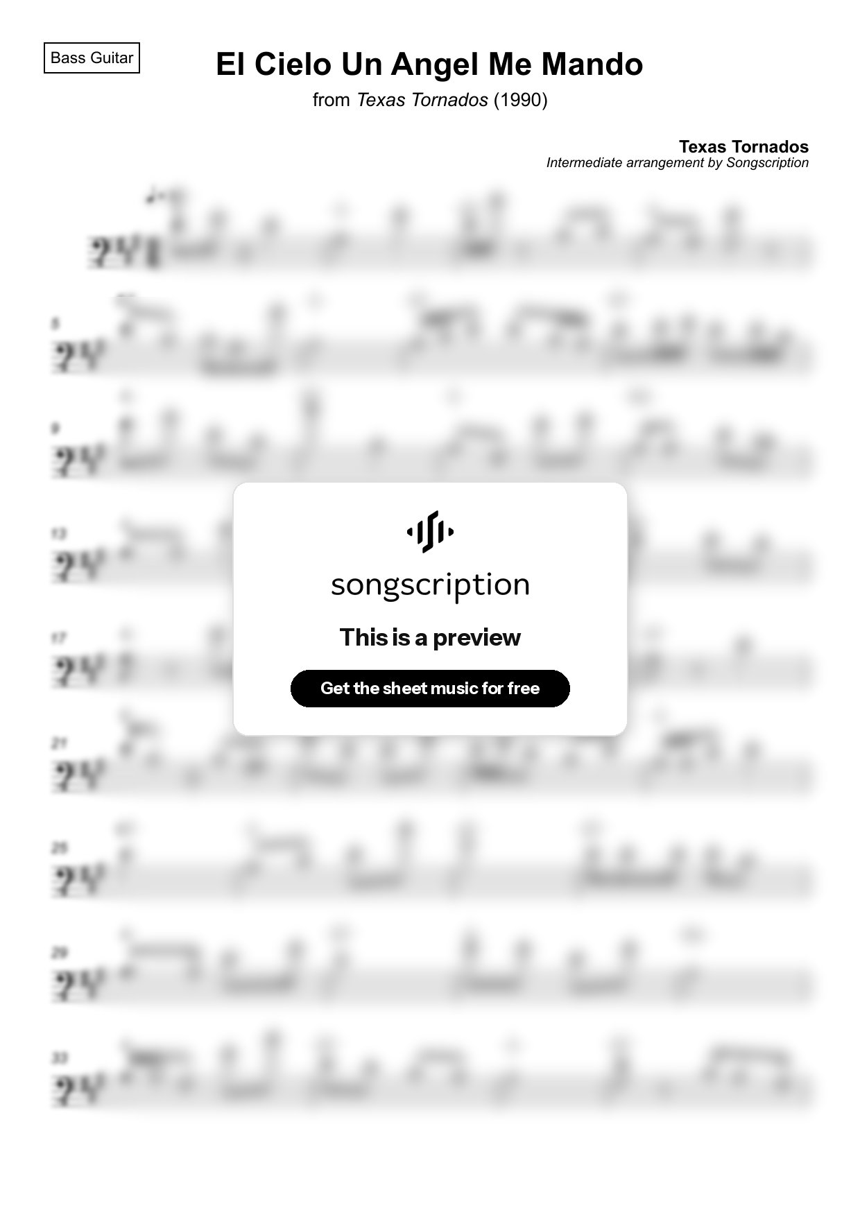 Intermediate Bass Guitar Sheet Music for "El Cielo Un Angel Me Mando" by Texas Tornados