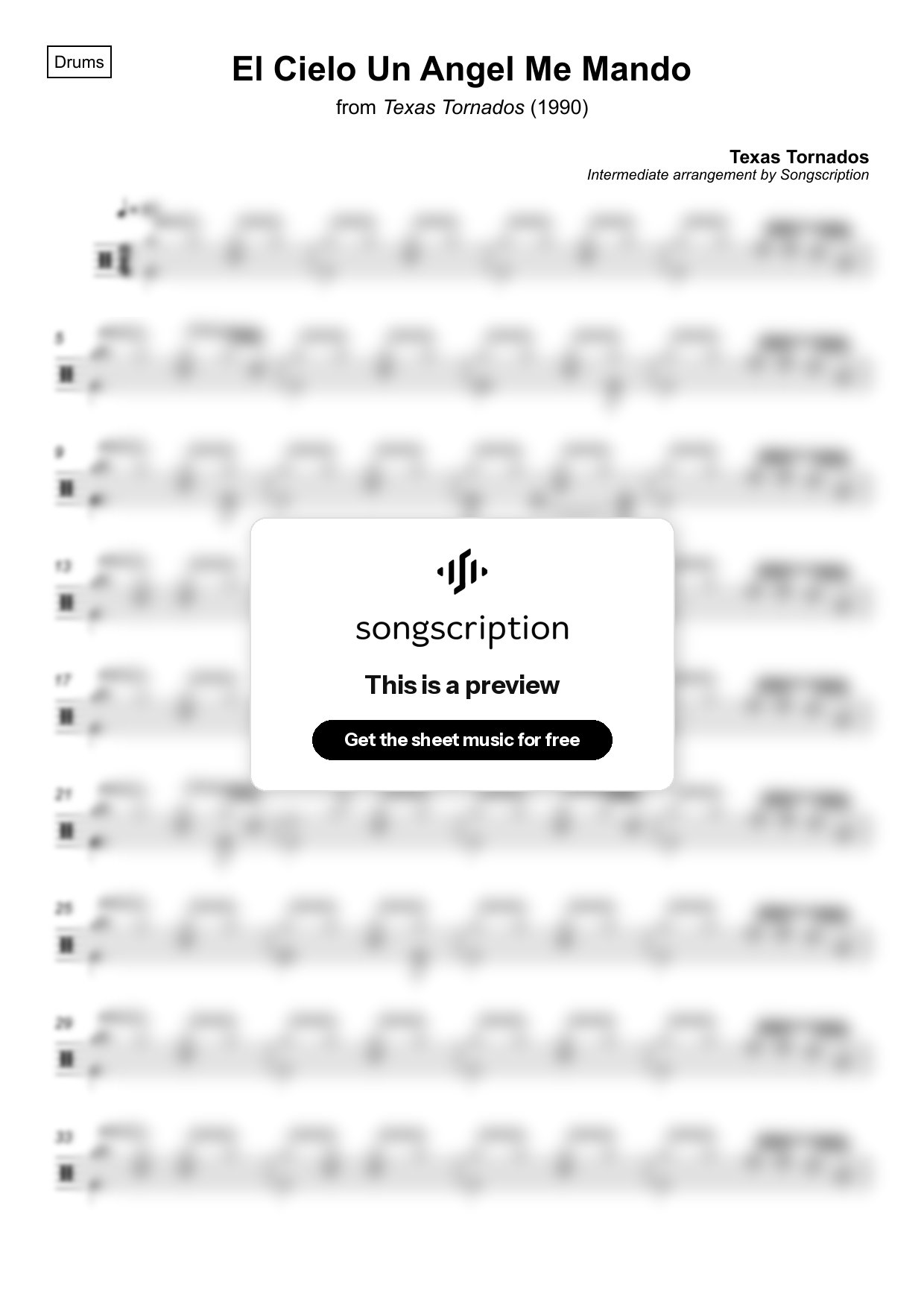 Intermediate Drums Sheet Music for "El Cielo Un Angel Me Mando" by Texas Tornados