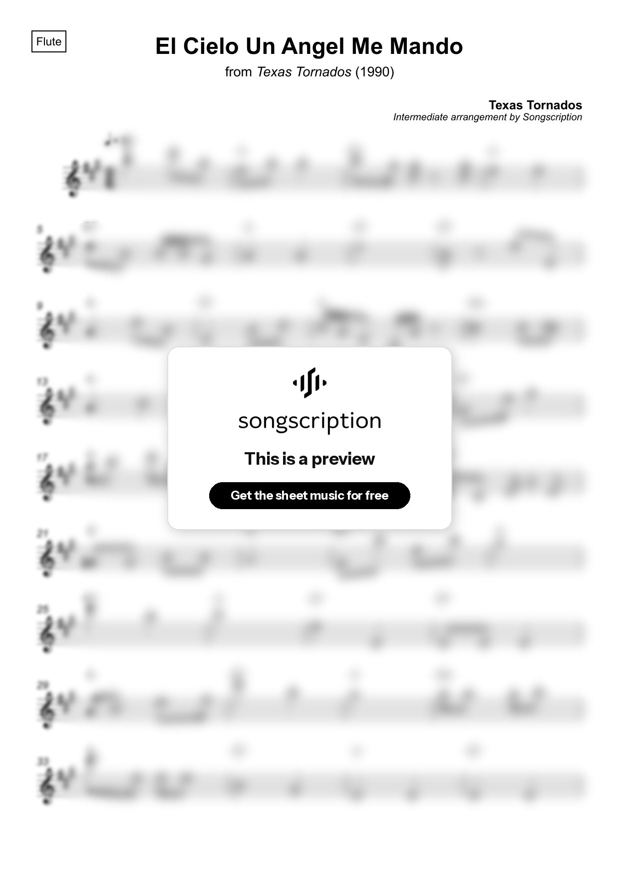 Intermediate Flute Sheet Music for "El Cielo Un Angel Me Mando" by Texas Tornados