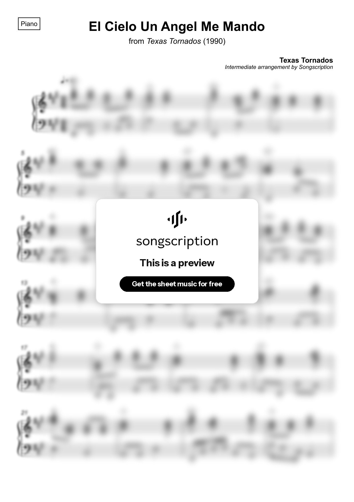 Intermediate Piano Sheet Music for "El Cielo Un Angel Me Mando" by Texas Tornados