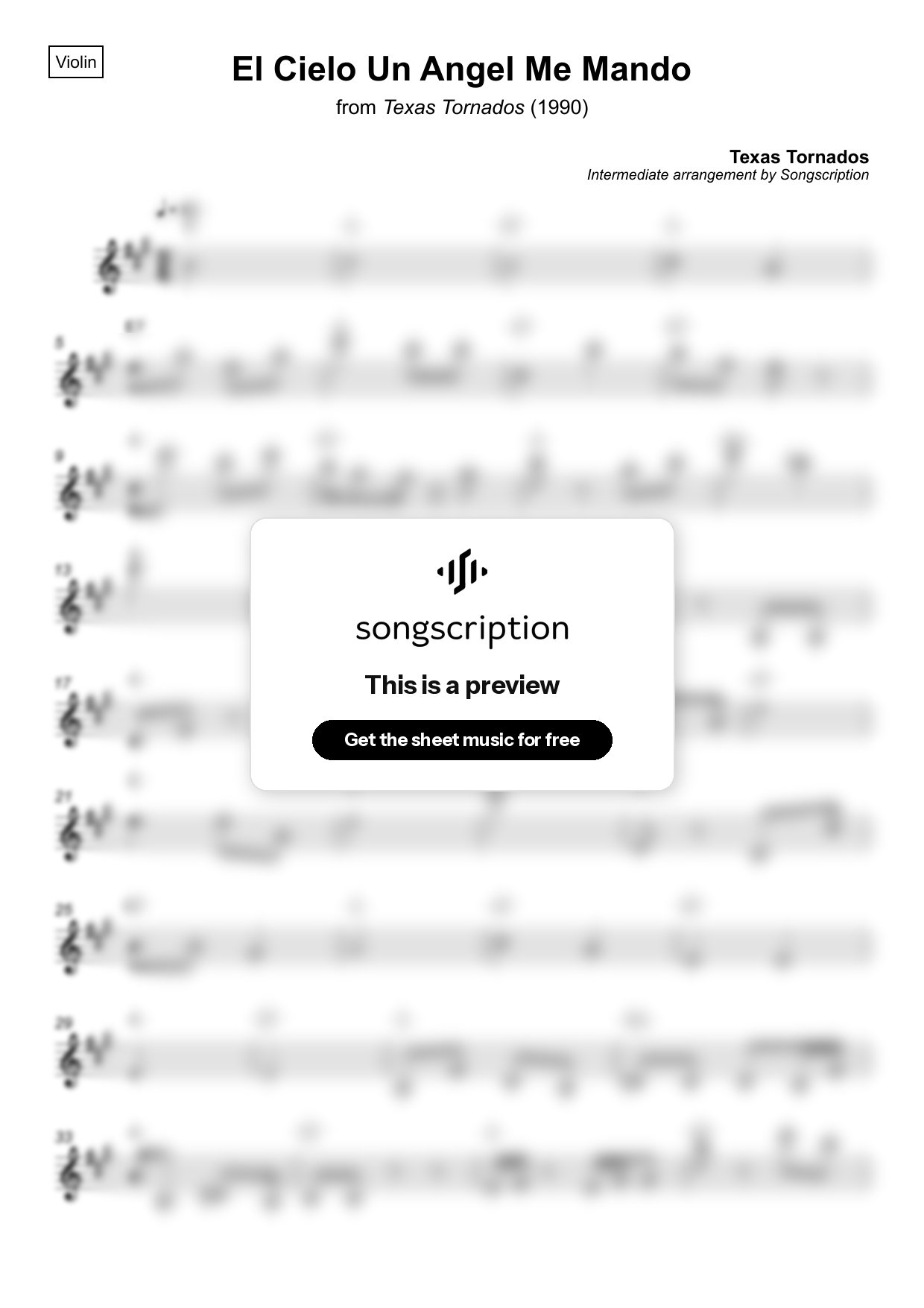 Intermediate Violin Sheet Music for "El Cielo Un Angel Me Mando" by Texas Tornados