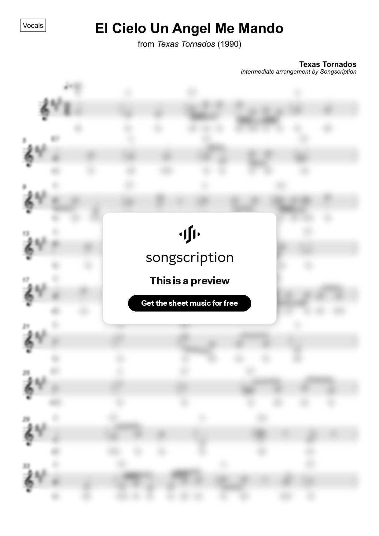 Intermediate Vocals Sheet Music for "El Cielo Un Angel Me Mando" by Texas Tornados
