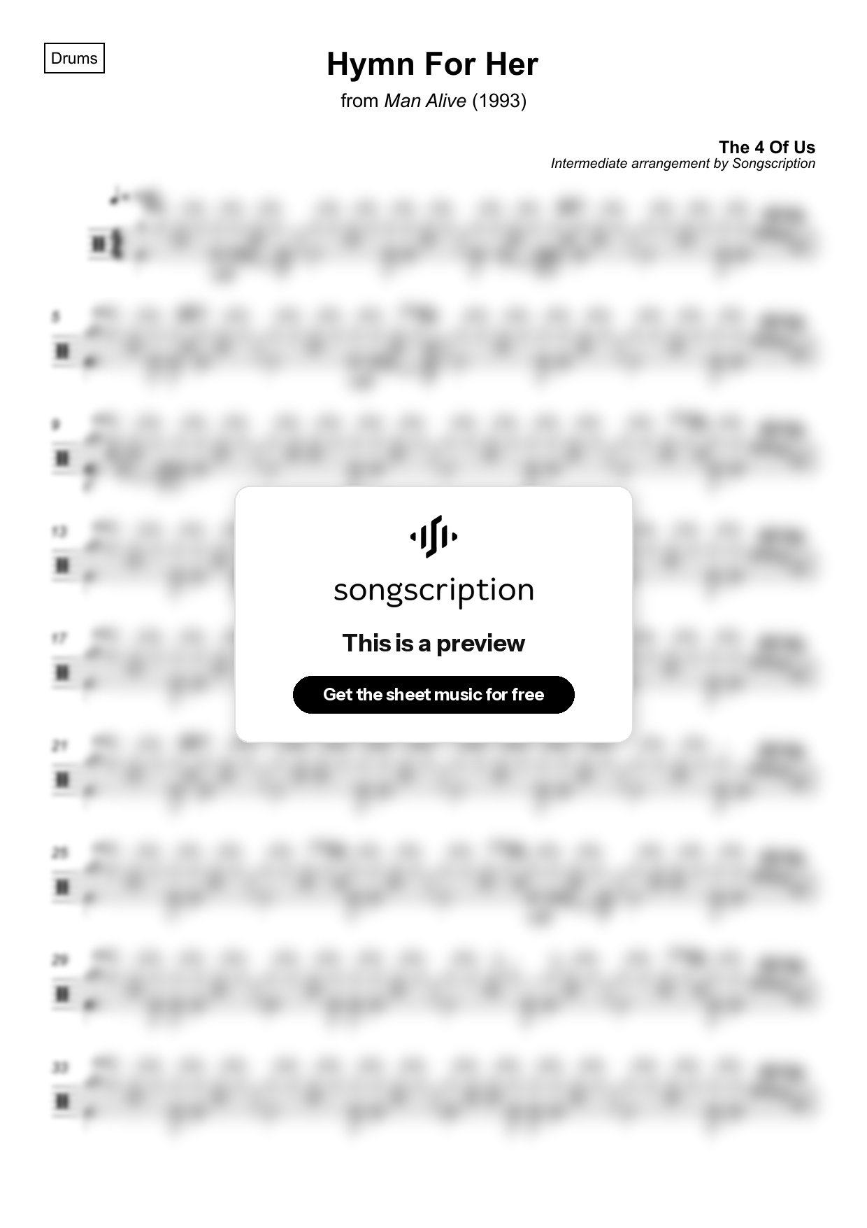 Intermediate Drums Sheet Music for "Hymn For Her" by The 4 Of Us