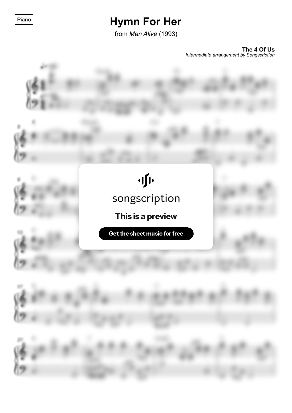 Intermediate Piano Sheet Music for "Hymn For Her" by The 4 Of Us